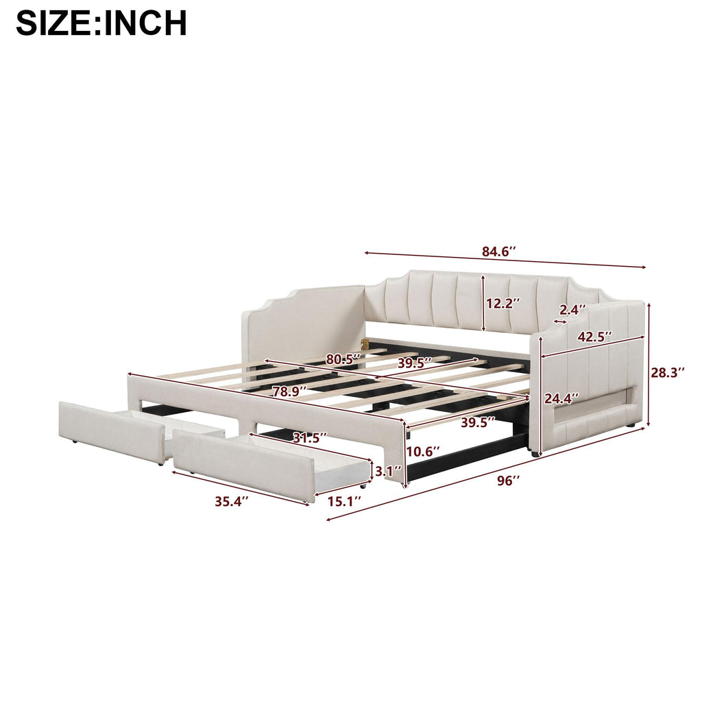 Twin XL Linen Upholstered Daybed with Storage Drawers and LED Light J147866