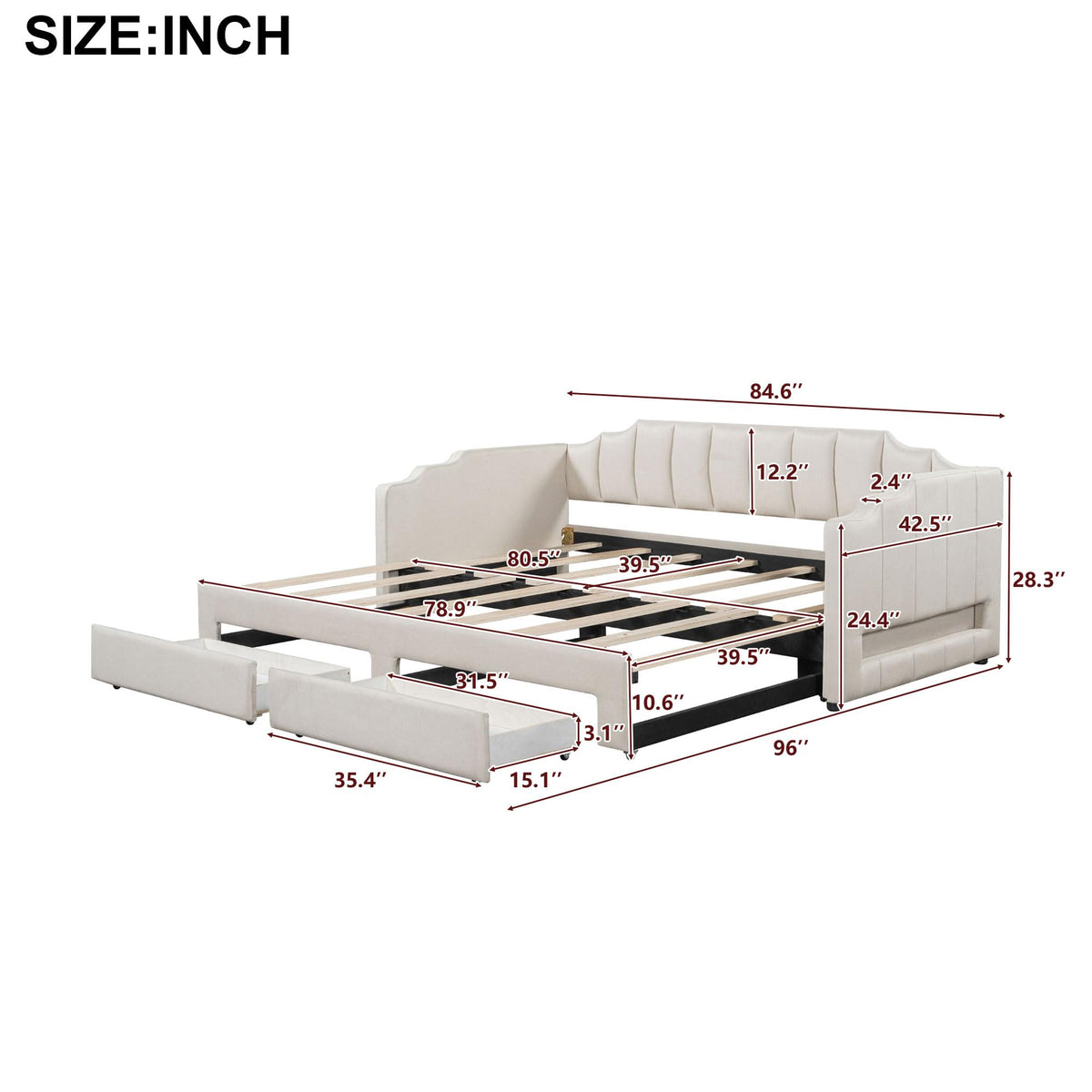 Twin XL Linen Upholstered Daybed with Storage Drawers and LED Light J147866