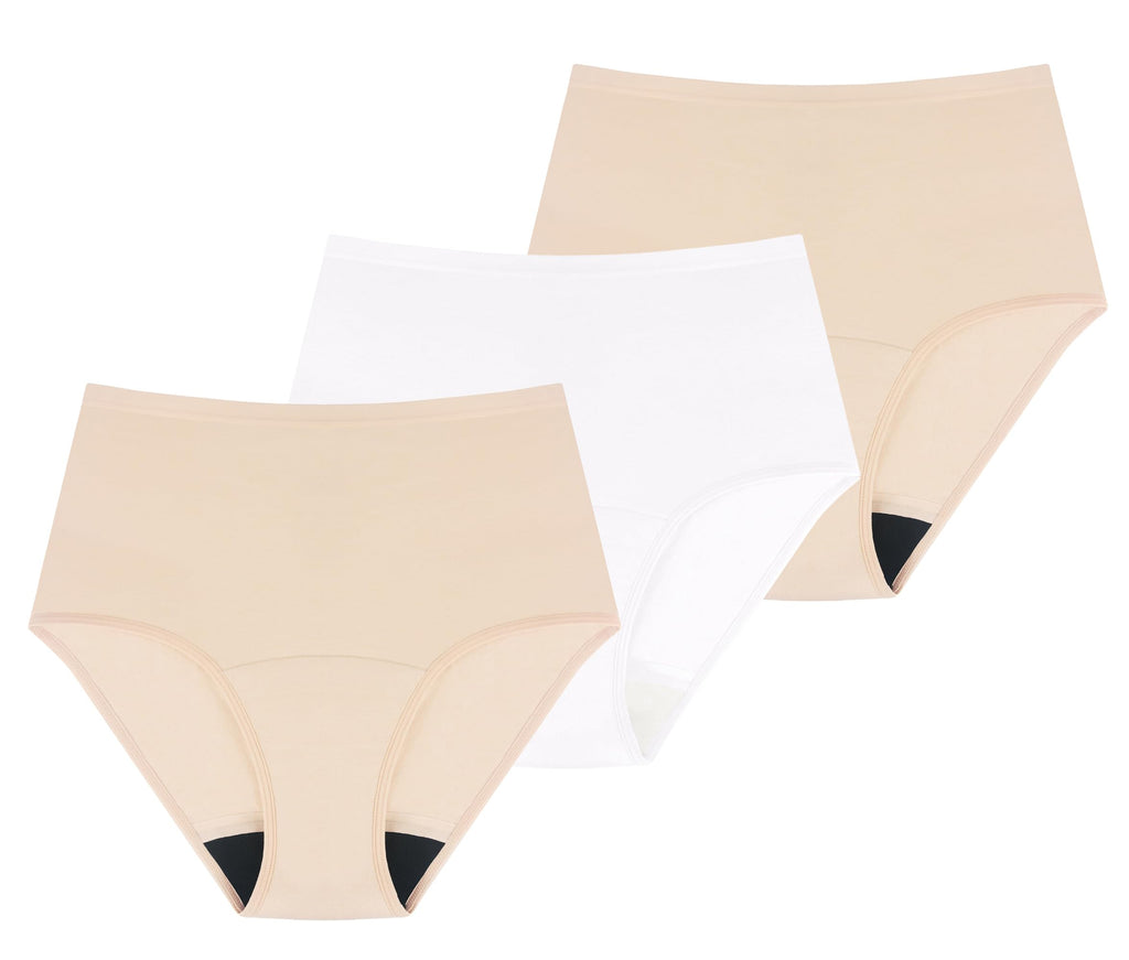 Washable Absorbency Urinary Incontinence Underwear for Women High Waist Leak Proof Panties 60ML, 3 Pack Beige White E40315