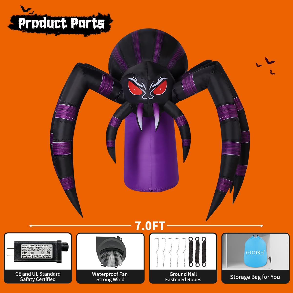 7 FT Inflatable Spider Outdoor Decoration with LED Lights D585837