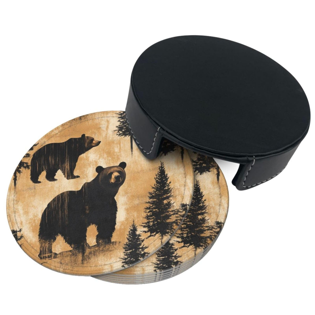 Black Leather Coasters with Holder P63248