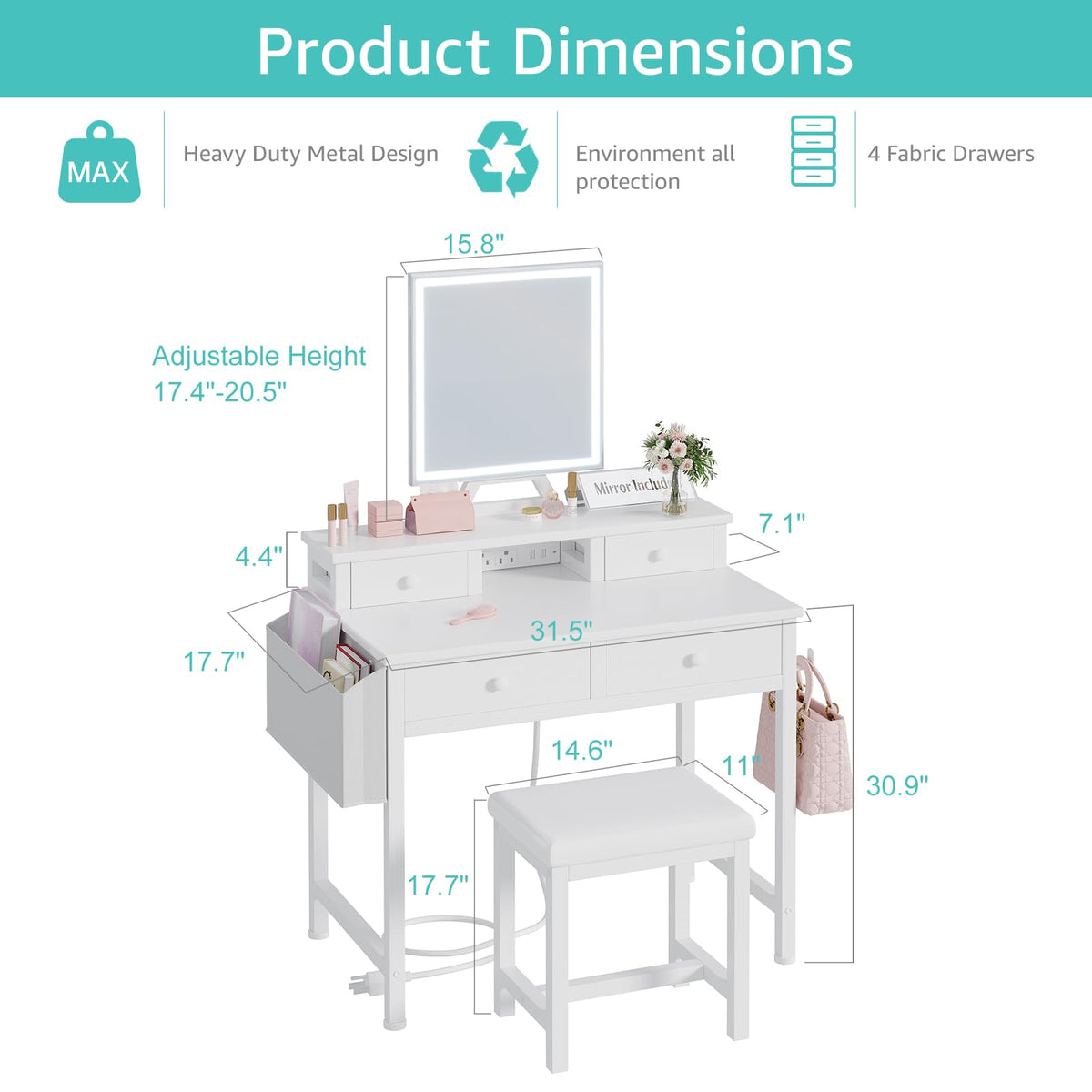 White Makeup Vanity Desk with Mirror and Lights, Chair and Drawers J269