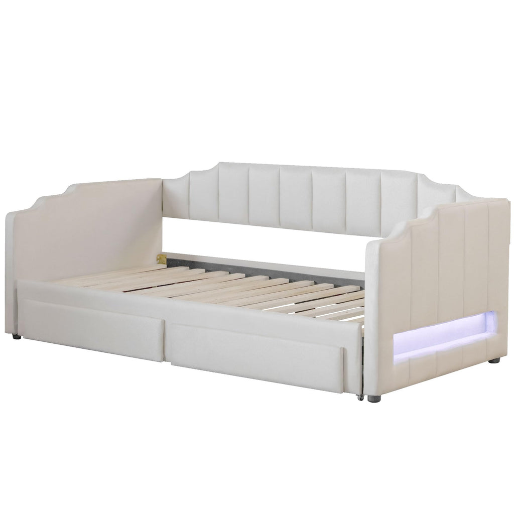 Twin XL Linen Upholstered Daybed with Storage Drawers and LED Light J147866