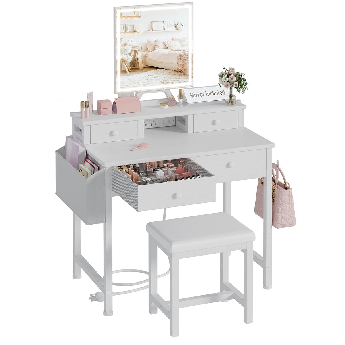 White Makeup Vanity Desk with Mirror and Lights, Chair and Drawers J269