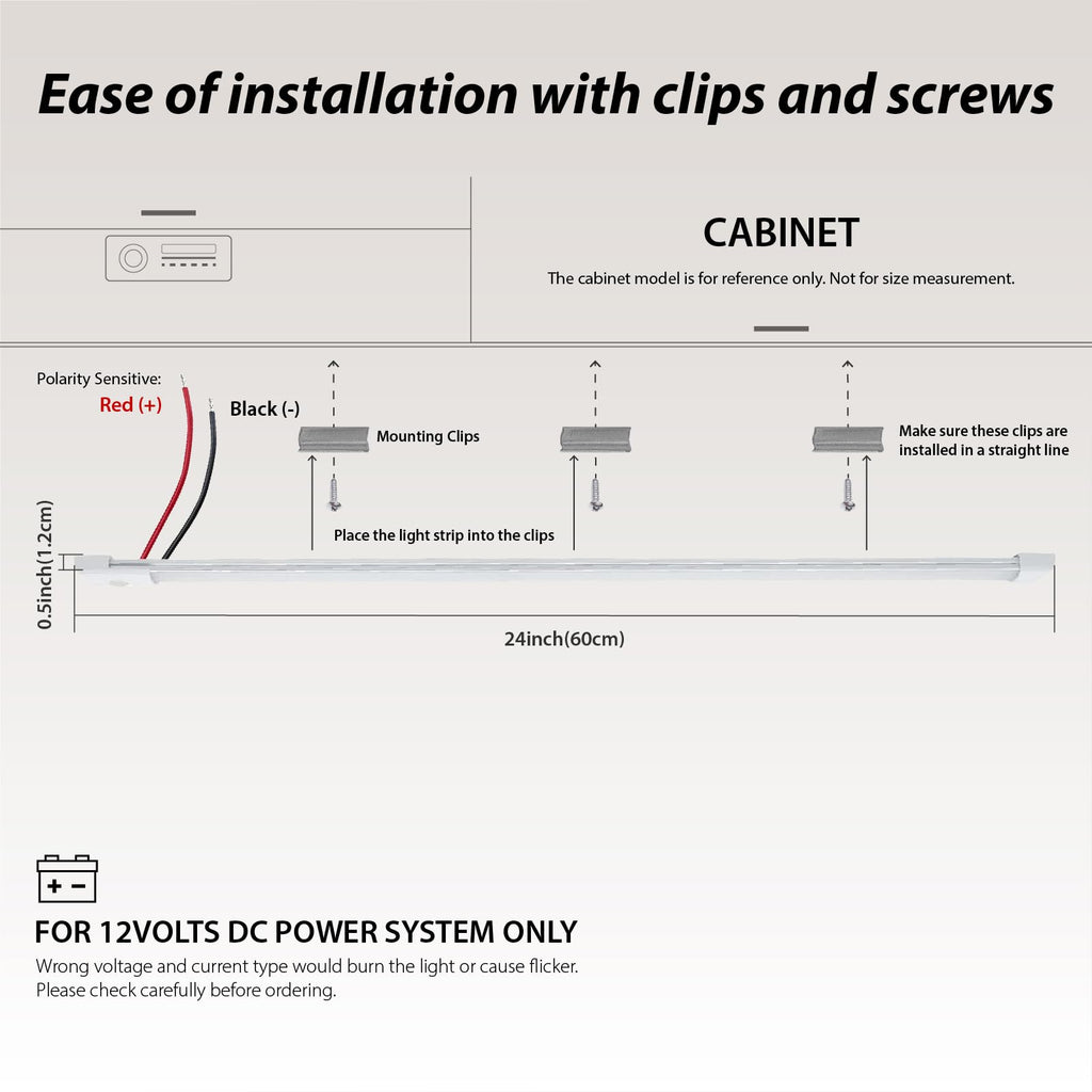 12volt DC LED Under Cabinet Strip Light, Warm White, with Switch, 23.6 inch J1428