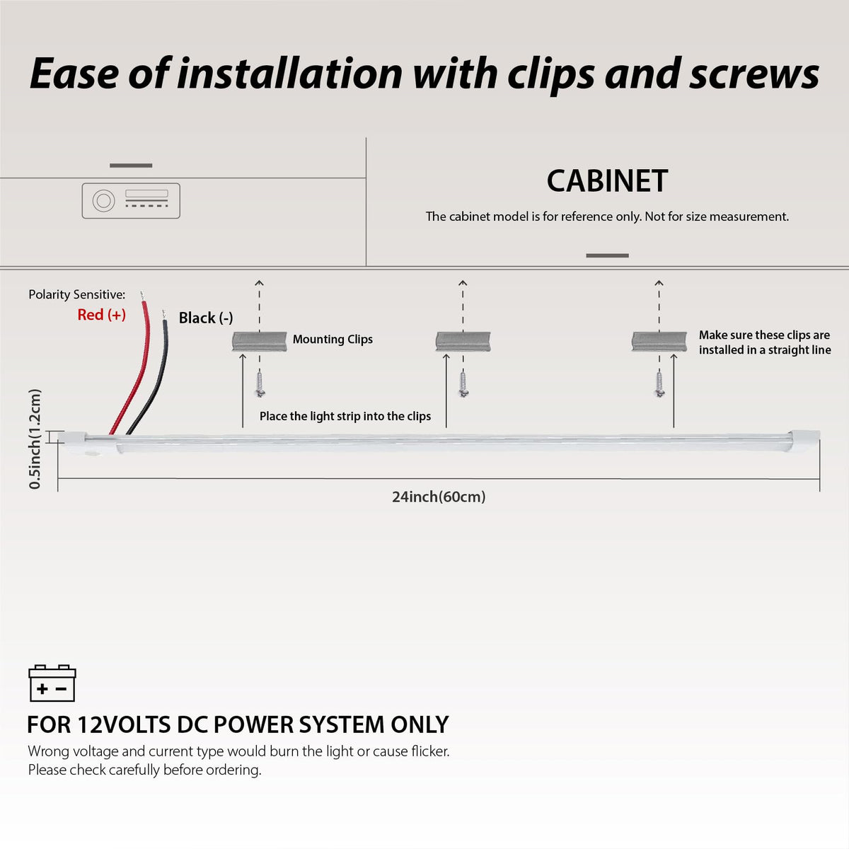12volt DC LED Under Cabinet Strip Light, Warm White, with Switch, 23.6 inch J1428