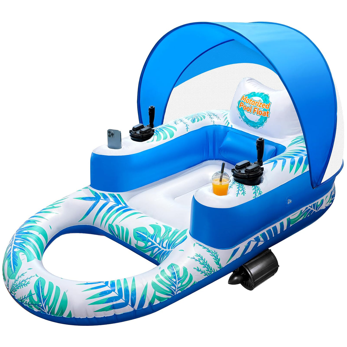 Rechargeable Motorized Pool Float Lounger with Canopy and Cup Holder W407634