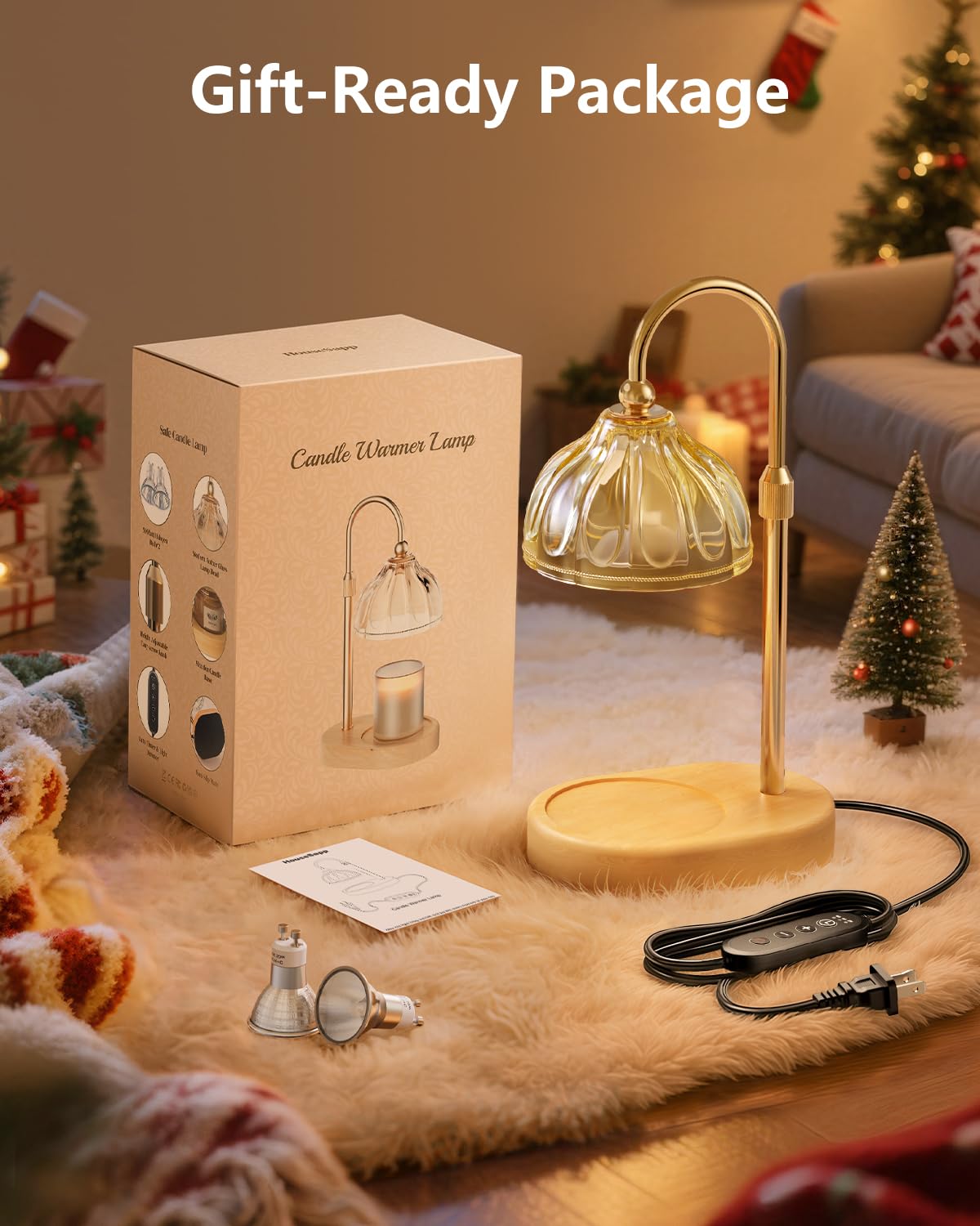 Candle Warmer Lamp with Timer Dimmer, Height Adjustable, Amber Lampshade, 2 Bulbs R2577