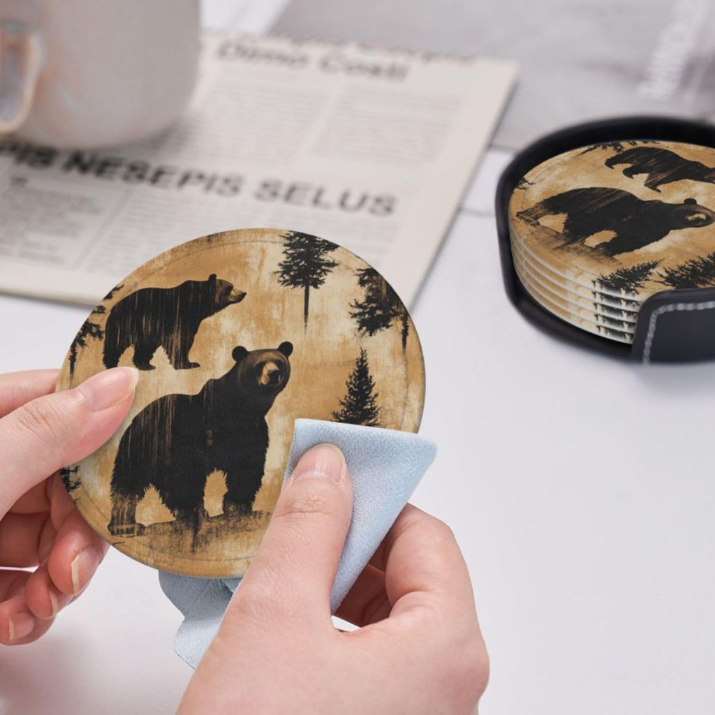 Black Leather Coasters with Holder P63248