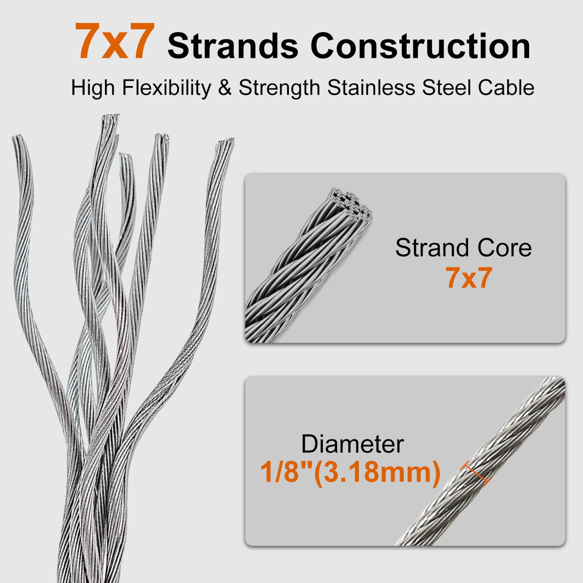 1/8 Stainless Steel Cable 200ft T316 Wire Rope with 8" Cutter S7710