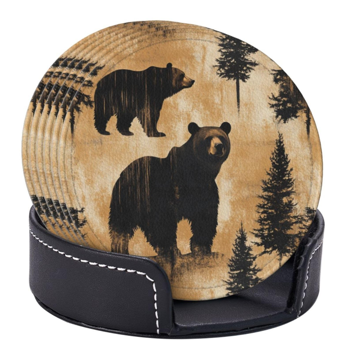 Black Leather Coasters with Holder P63248
