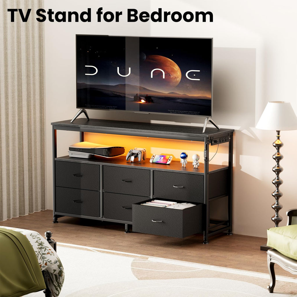 Black Dresser TV Stand with 6 Fabric Drawers S7115