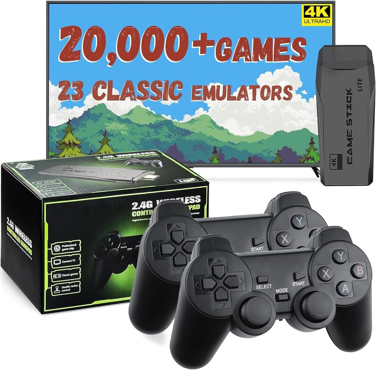 Retro Gaming Console Game Stick, 20,000+ Classic Video Games, 23 Emulators, Dual Wireless Controllers, 4K HDMI Output, 64GB V500423