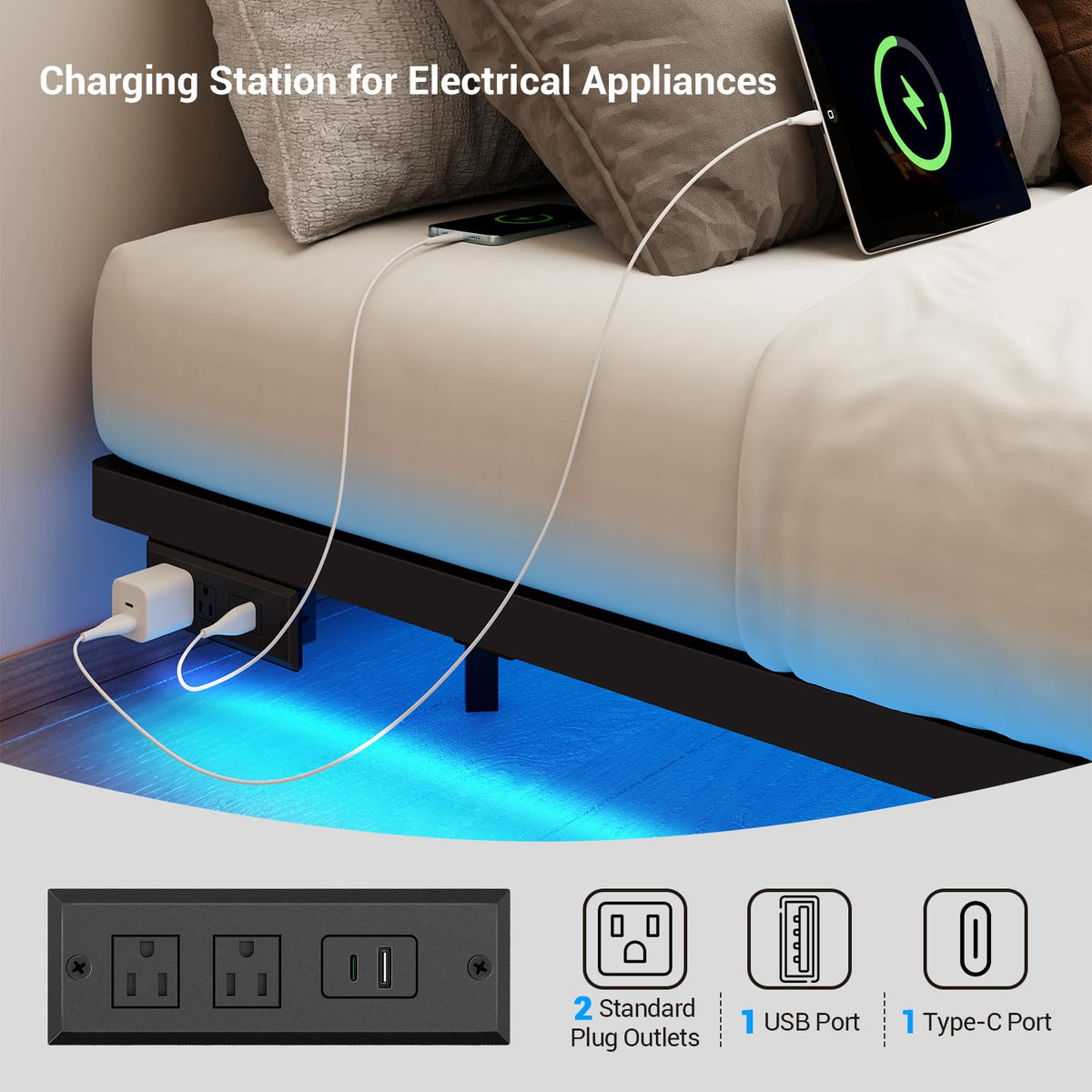 Full Size Metal Platform Bed Frame with LED Lights & Charging Station W34710