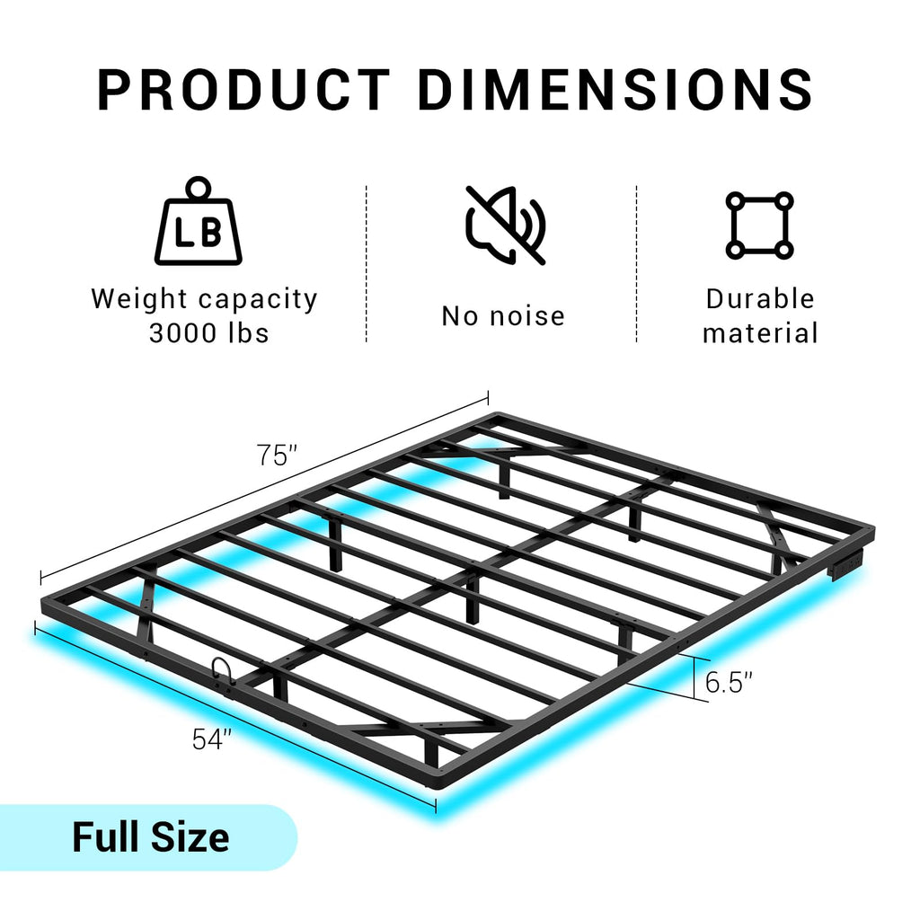Full Size Metal Platform Bed Frame with LED Lights & Charging Station W34710