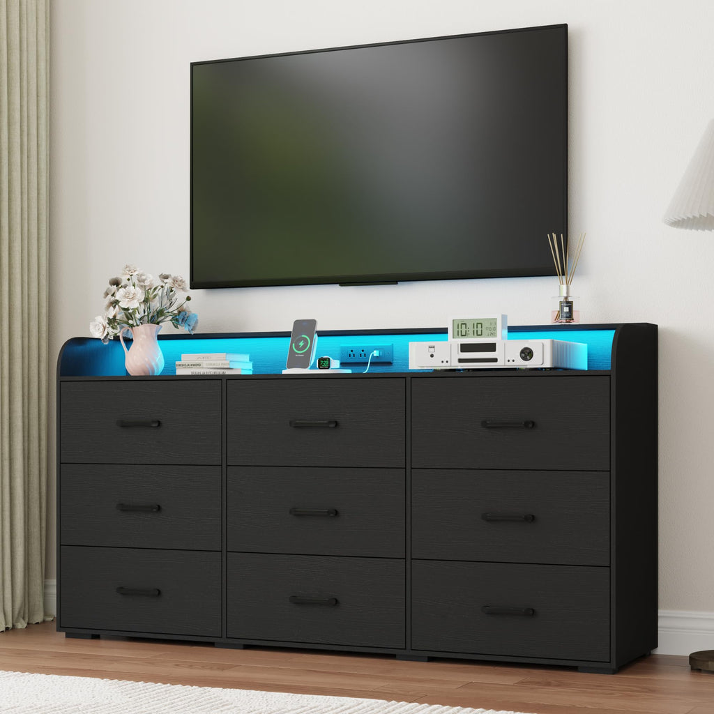 Black 9 Drawer Wood Dresser with Power Outlet and LED Lights P3509
