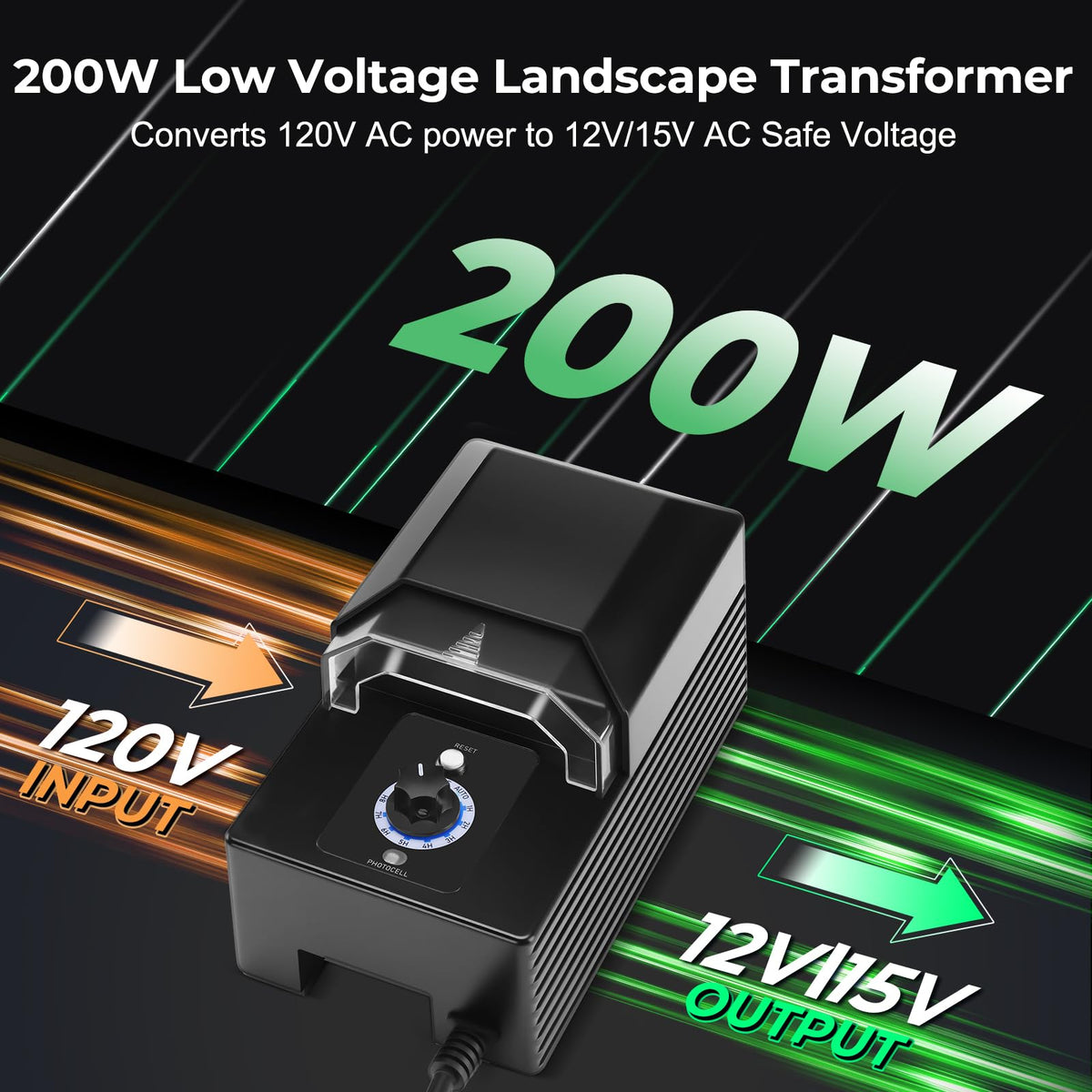 200W Low Voltage Landscape Transformer with Timer & Photocell Sensor K647224