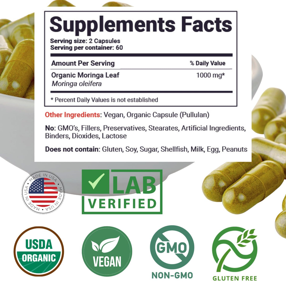 Organic Moringa Leaf Capsules 1000mg 120 Ct X2539