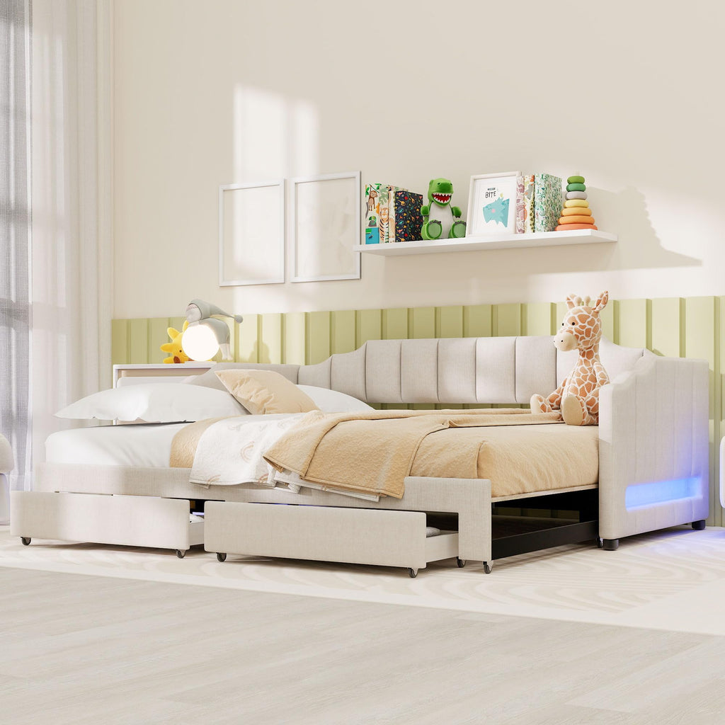 Twin XL Linen Upholstered Daybed with Storage Drawers and LED Light J147866