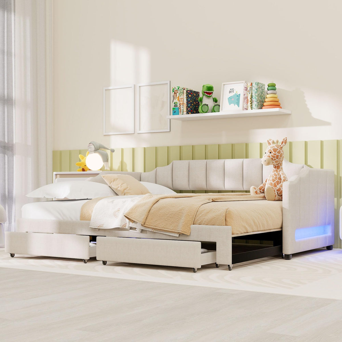 Twin XL Linen Upholstered Daybed with Storage Drawers and LED Light J147866