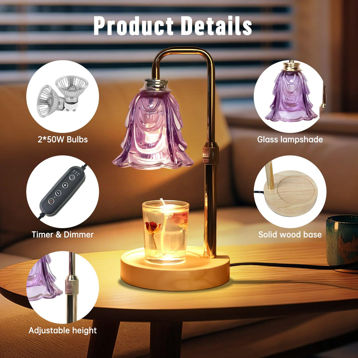 Adjustable Height Dimmable Candle Warmer Lamp with Timer H227351