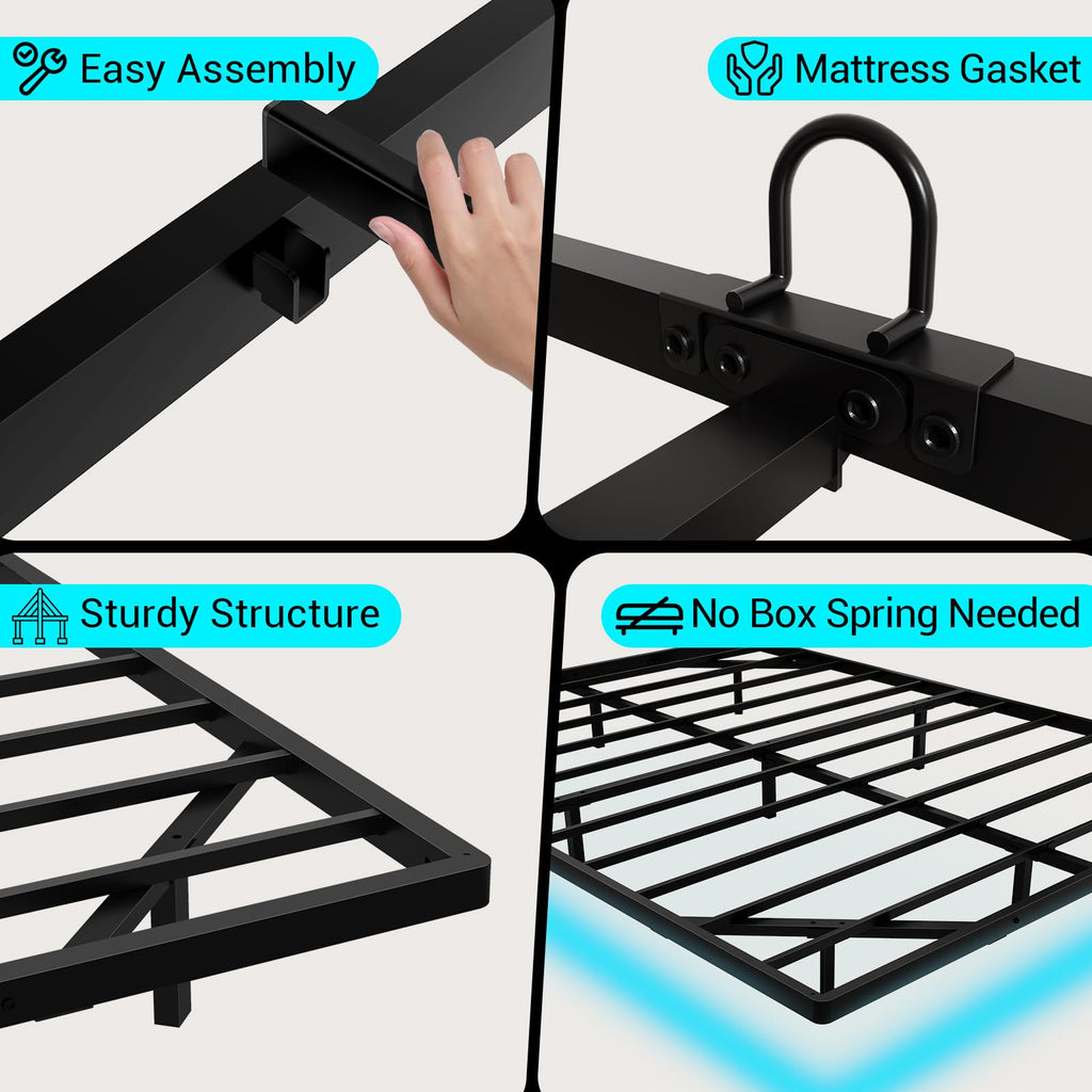Full Size Metal Platform Bed Frame with LED Lights & Charging Station W34710