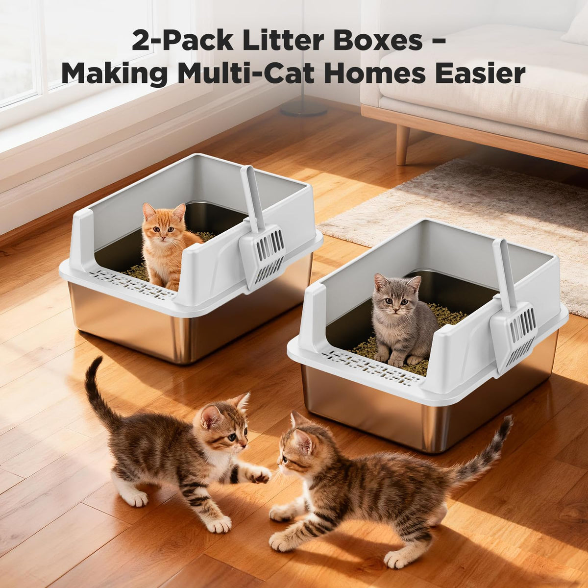 2 Pack Stainless Steel Cat Litter Box with Lid Z15418
