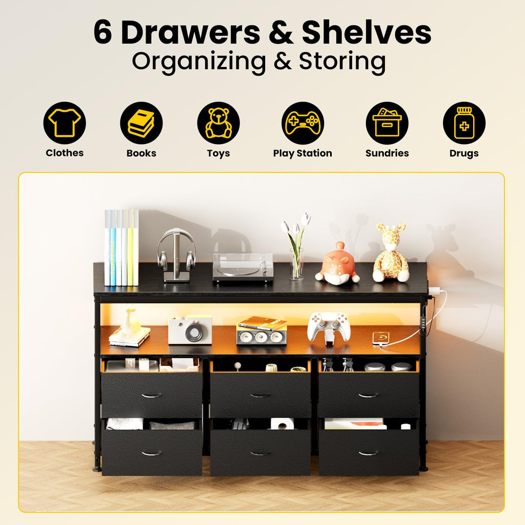 Black Dresser TV Stand with 6 Fabric Drawers S7115