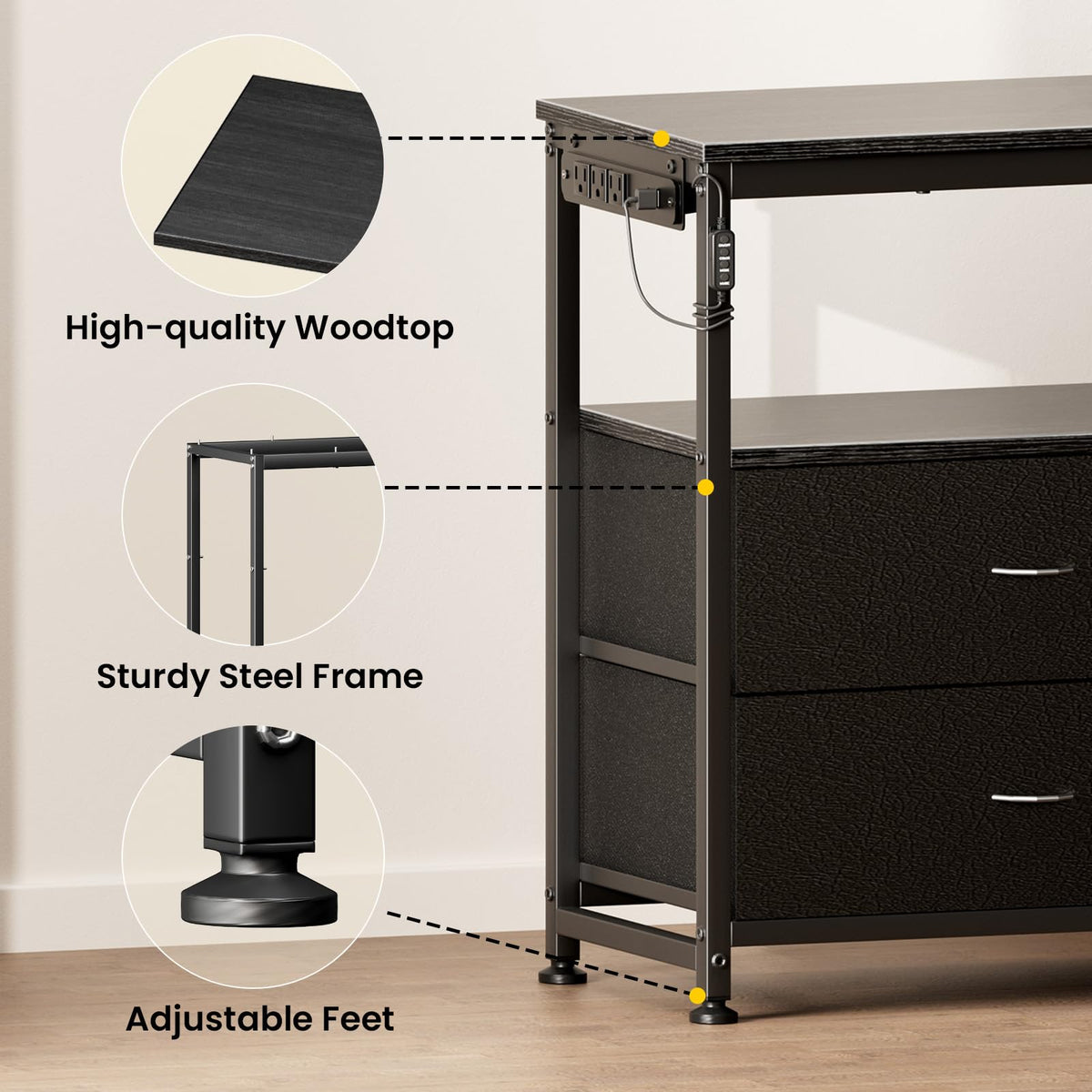 Black Dresser TV Stand with 6 Fabric Drawers S7115