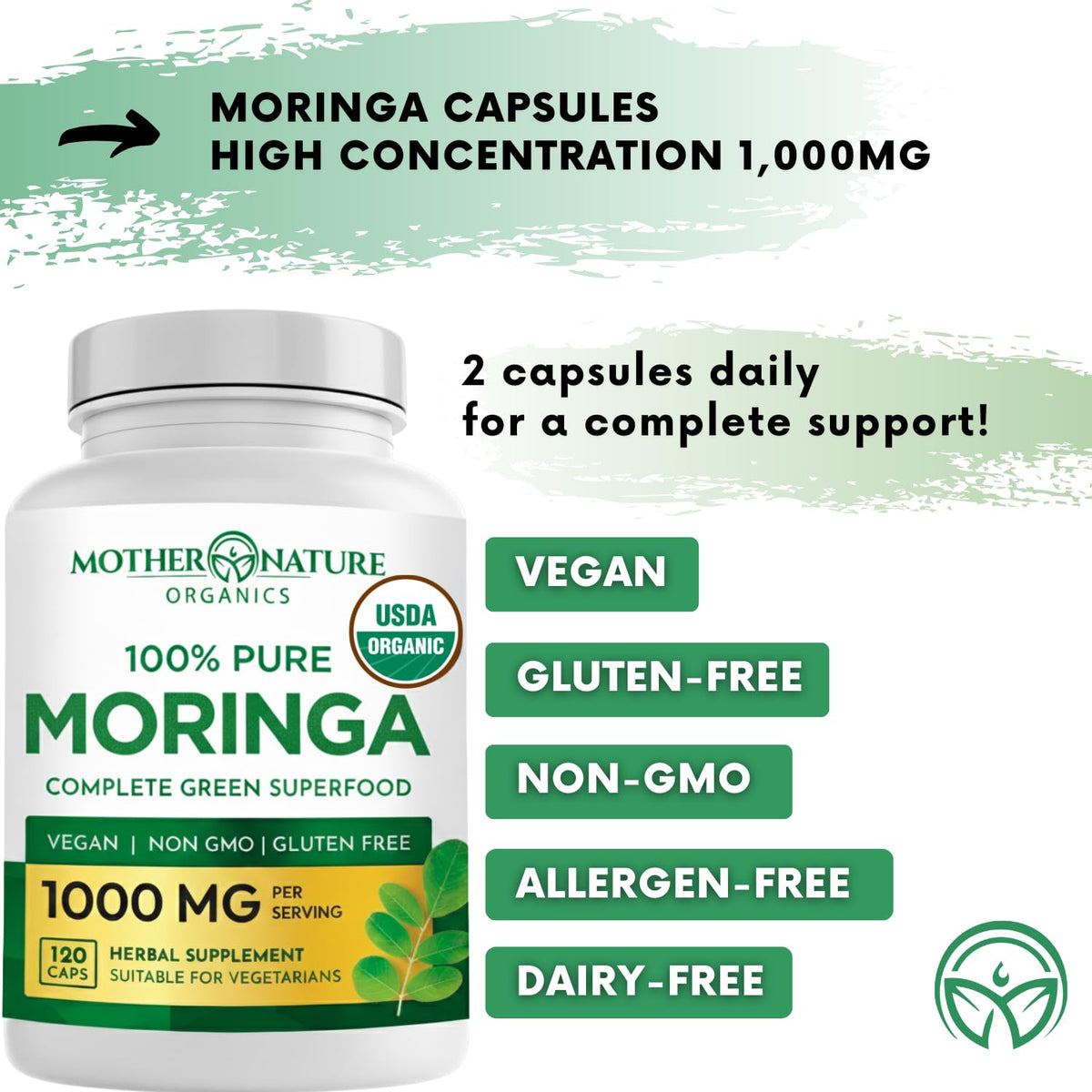 Organic Moringa Leaf Capsules 1000mg 120 Ct X2539