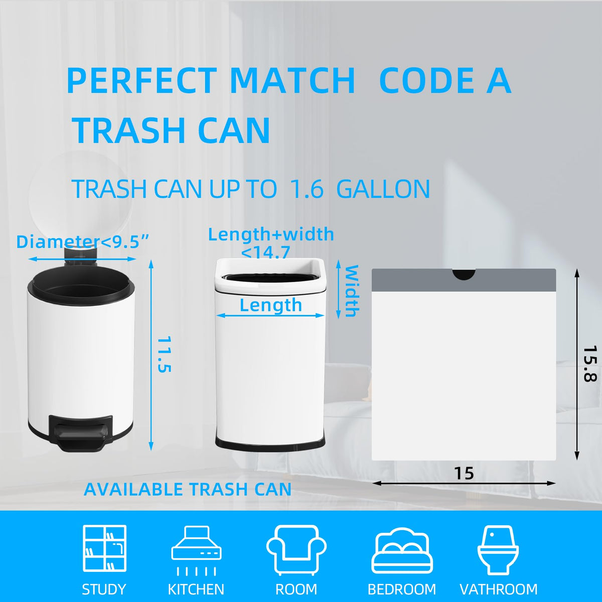1.6 Gallon Mini Drawstring Trash Bags, 120 Counts White Trash Bin Liners G65280