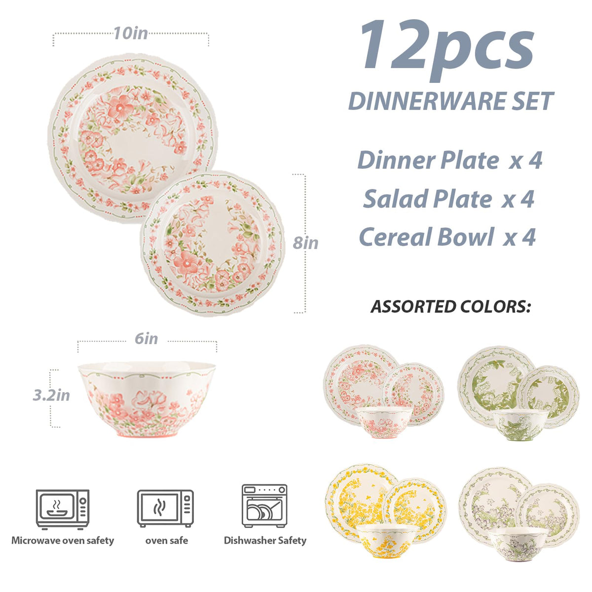 12-Piece Ceramic Dinnerware Set, Service for 4, Cream White D39793