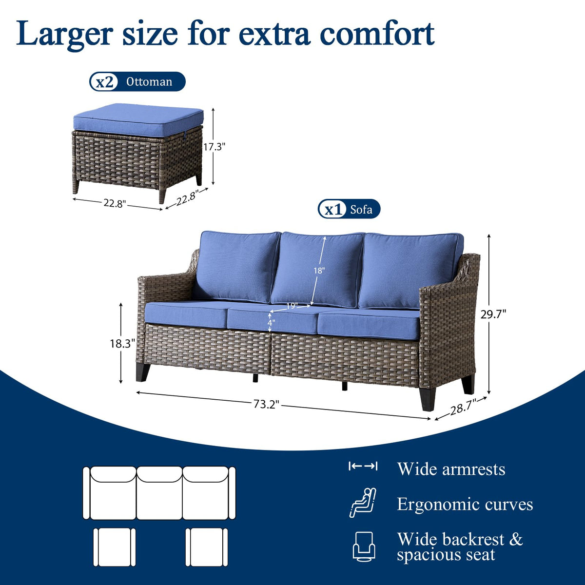 3 Pieces All Weather Wicker Patio Sofa Set with 2 Footstools X364217