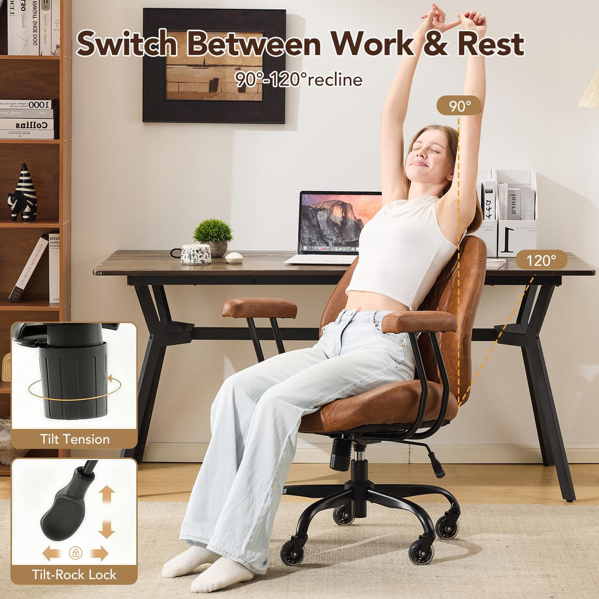 Brown Leather Ergonomic Office Chair with Lumbar Support W9633