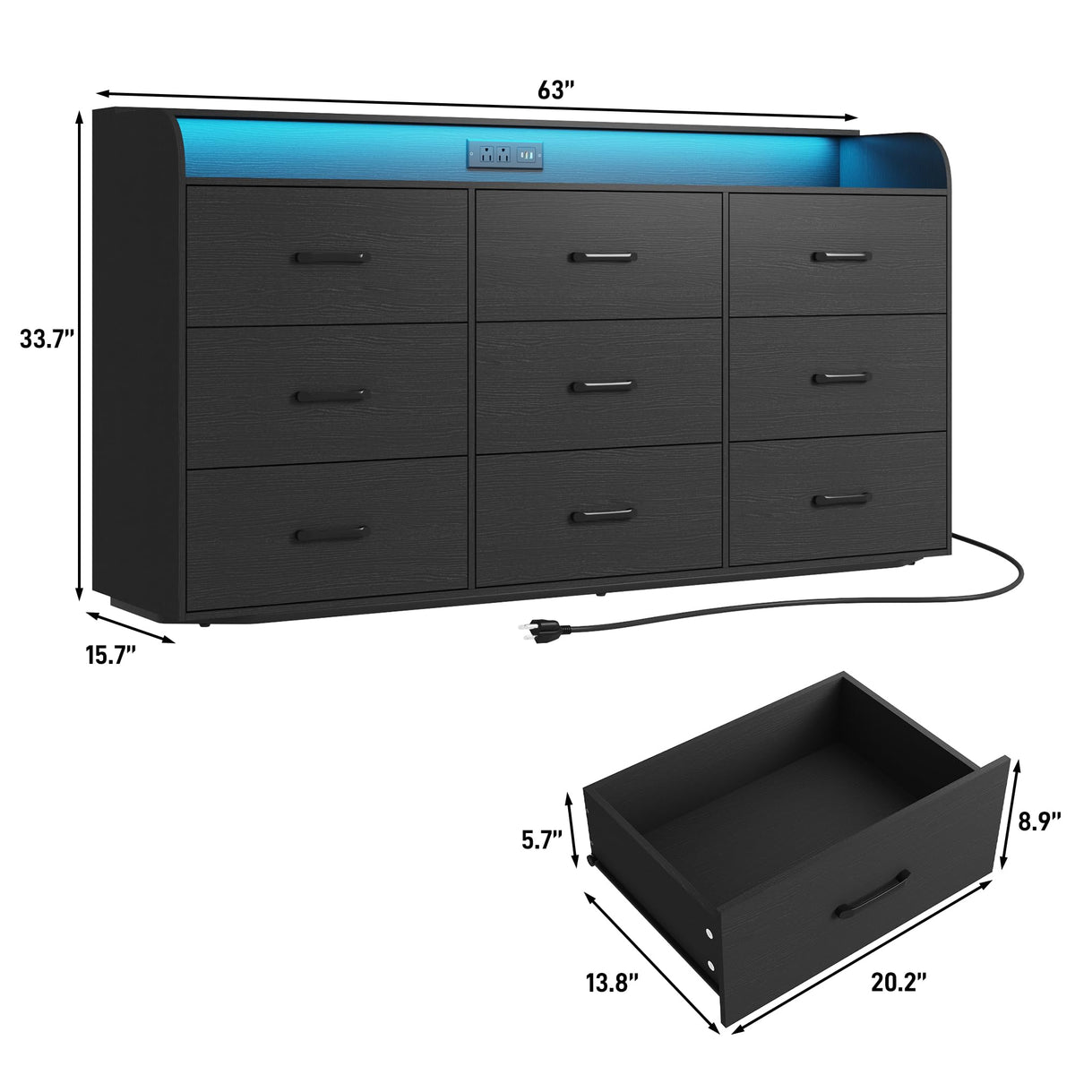 Black 9 Drawer Wood Dresser with Power Outlet and LED Lights P3509