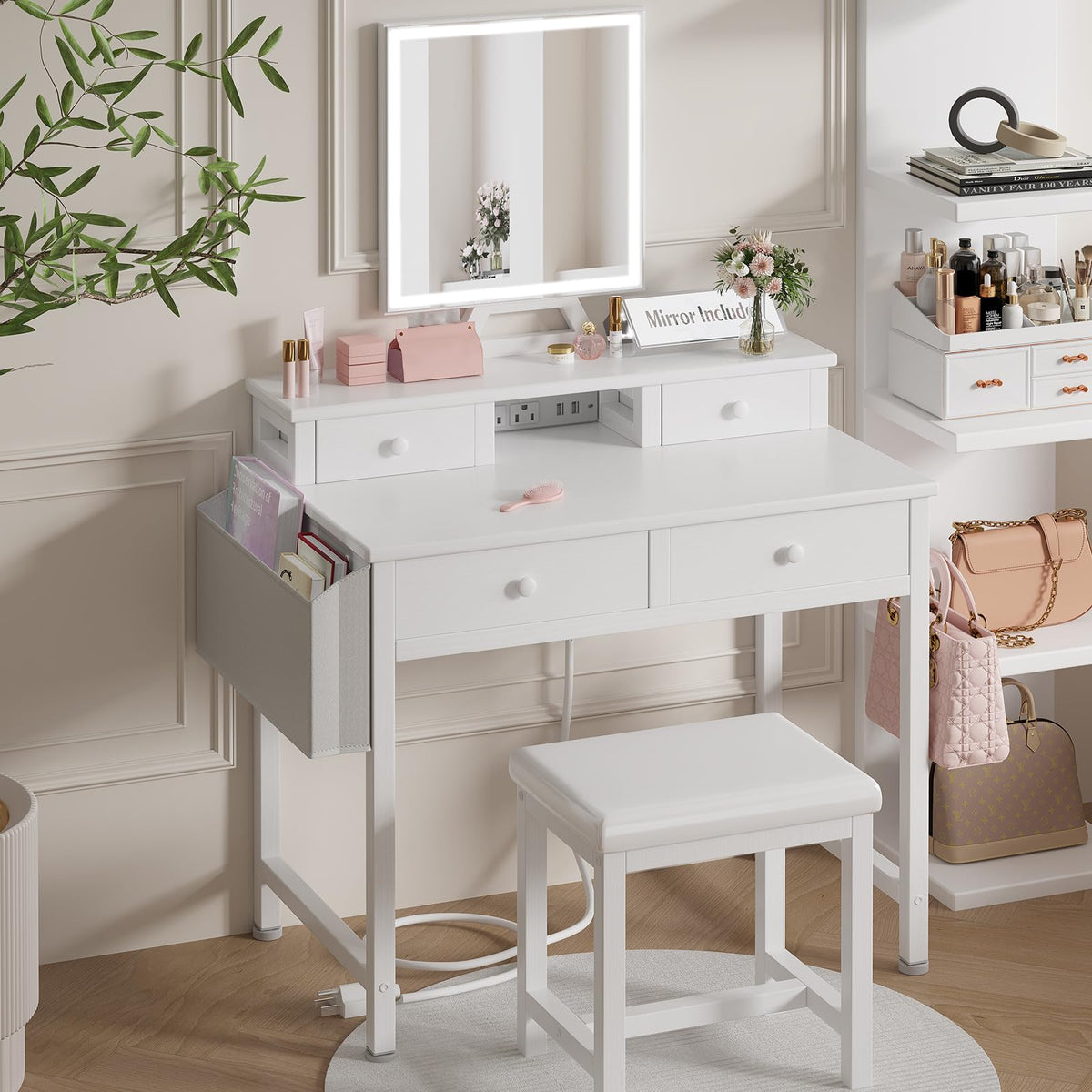 White Makeup Vanity Desk with Mirror and Lights, Chair and Drawers J269