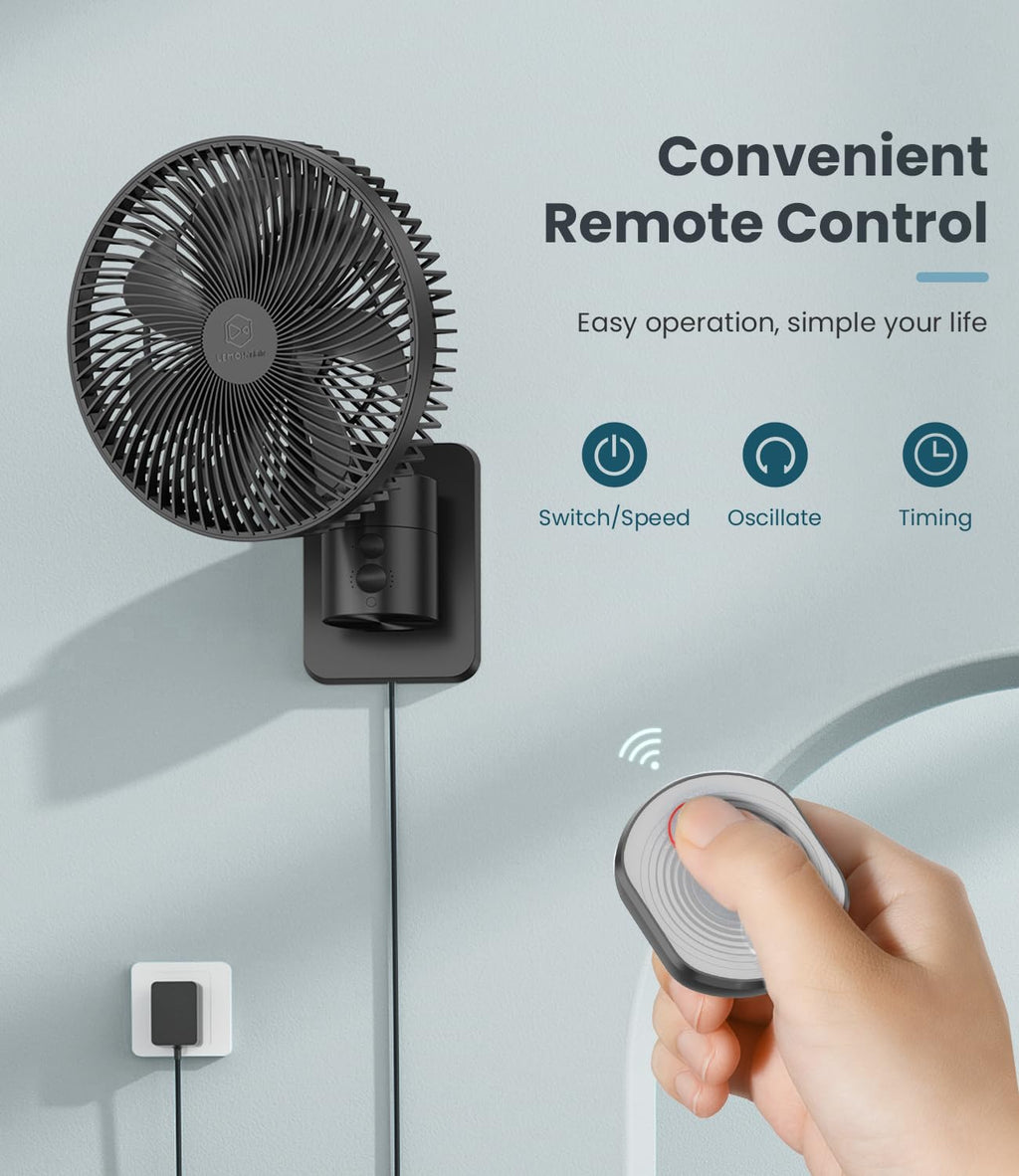 8 Inch Wall Mounted Fan with Remote Control, 4 Speeds, Black U8716