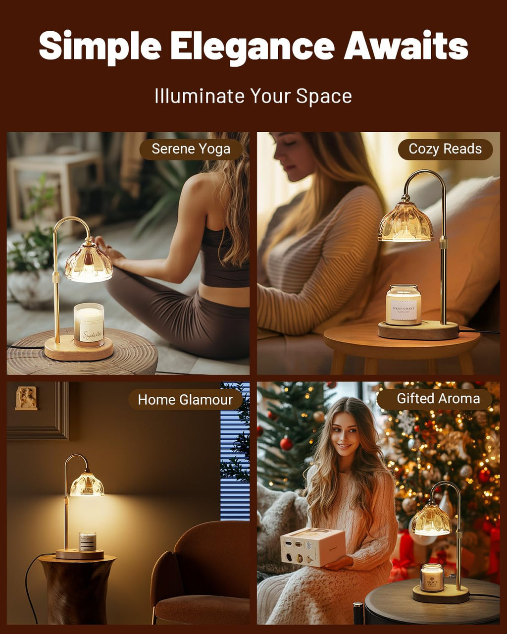 Candle Warmer Lamp with Timer Dimmer, Height Adjustable, Amber Lampshade, 2 Bulbs R2577