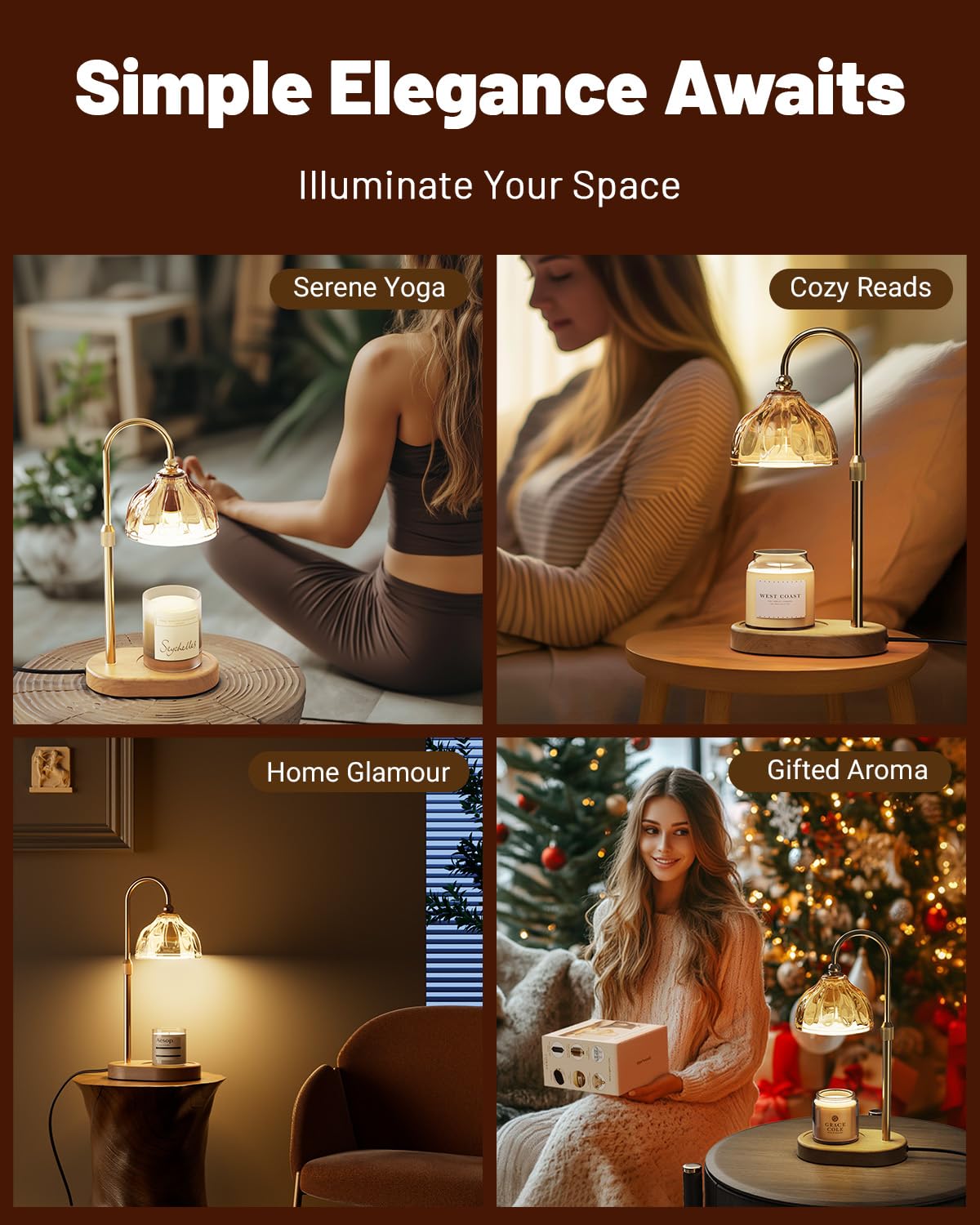 Candle Warmer Lamp with Timer Dimmer, Height Adjustable, Amber Lampshade, 2 Bulbs R2577