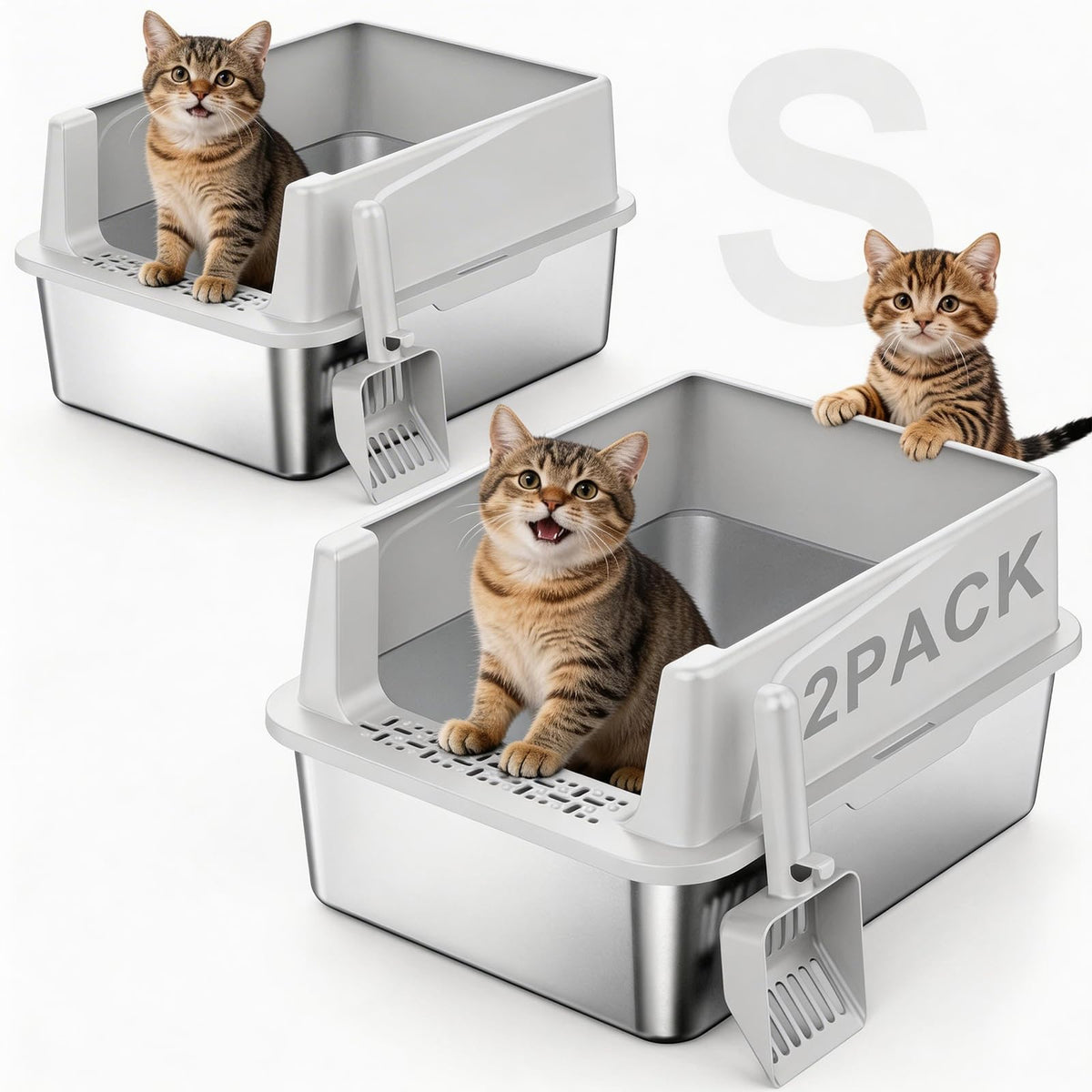 2 Pack Stainless Steel Cat Litter Box with Lid Z15418