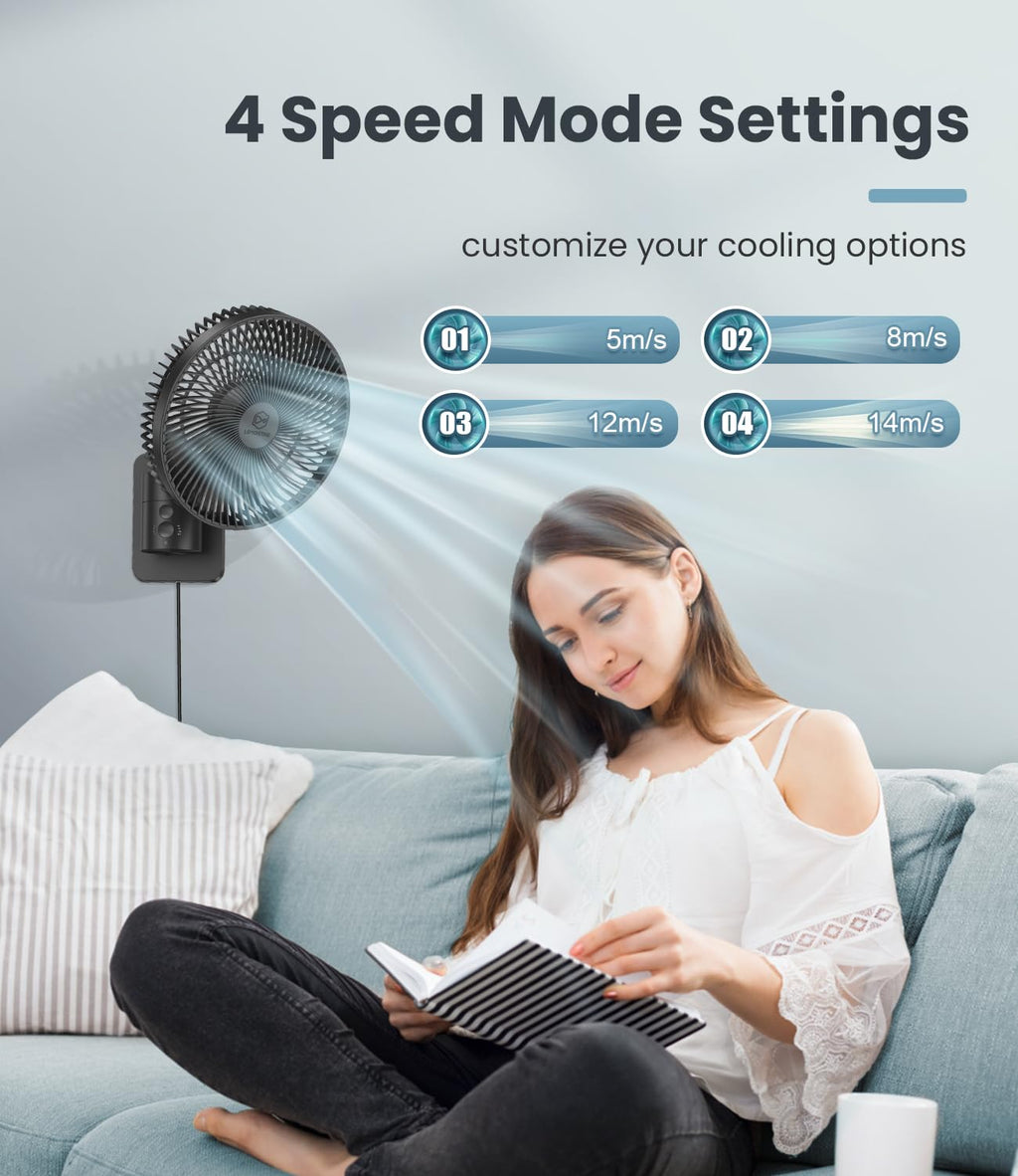 8 Inch Wall Mounted Fan with Remote Control, 4 Speeds, Black U8716