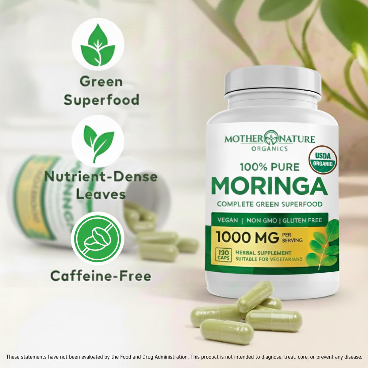 Organic Moringa Leaf Capsules 1000mg 120 Ct X2539