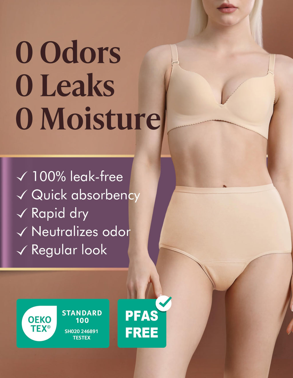Washable Absorbency Urinary Incontinence Underwear for Women High Waist Leak Proof Panties 60ML, 3 Pack Beige White E40315