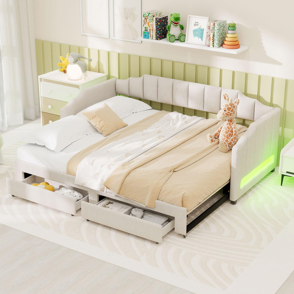Twin XL Linen Upholstered Daybed with Storage Drawers and LED Light J147866