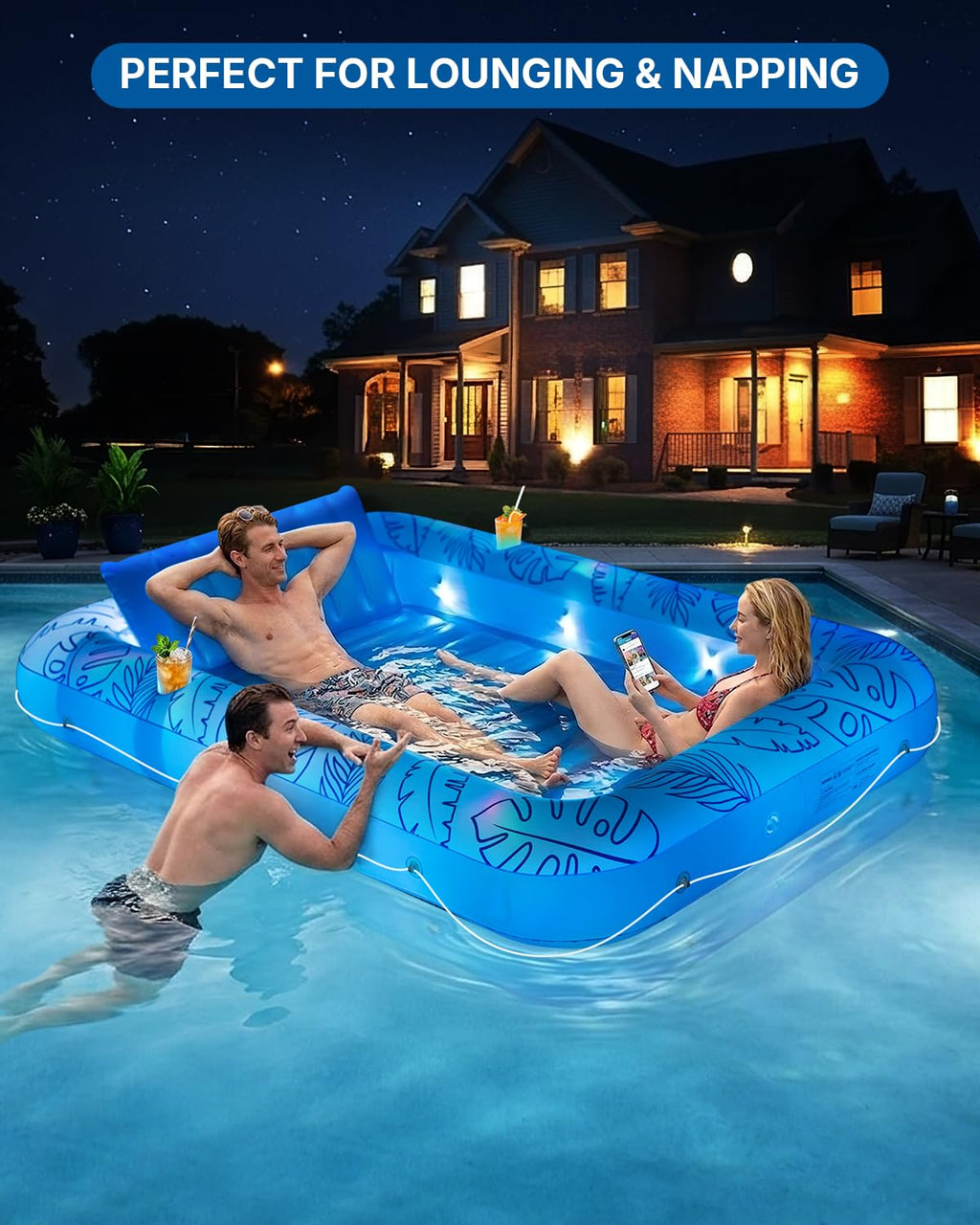 Inflatable Tanning Pool Float with Lights and Pillow Y567787