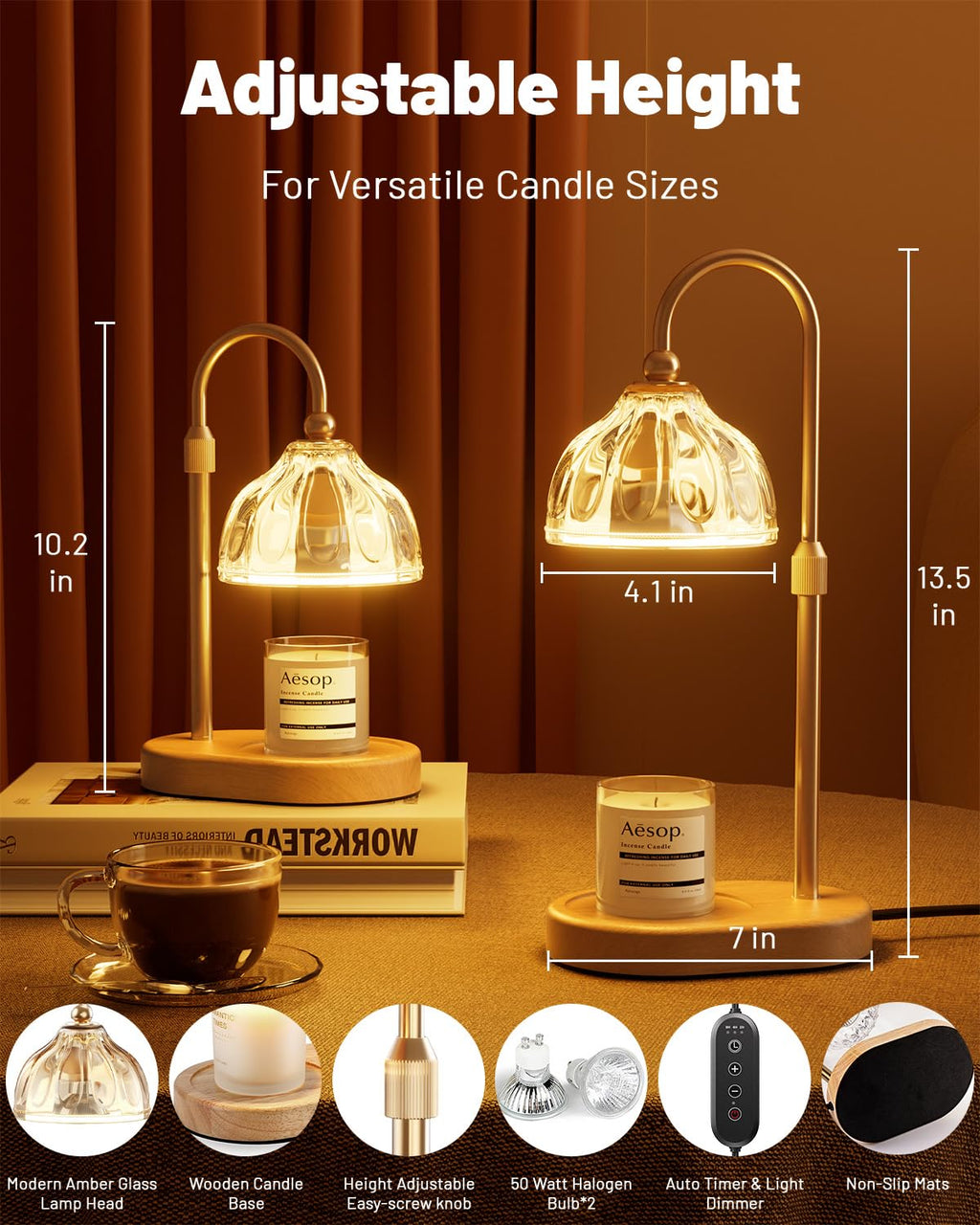 Candle Warmer Lamp with Timer Dimmer, Height Adjustable, Amber Lampshade, 2 Bulbs R2577