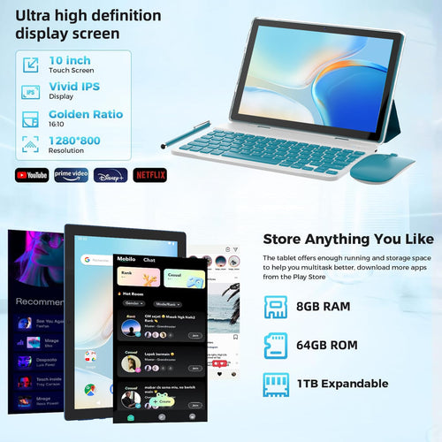 10 Inch Android Tablet with Keyboard Mouse Case Stylus E76831