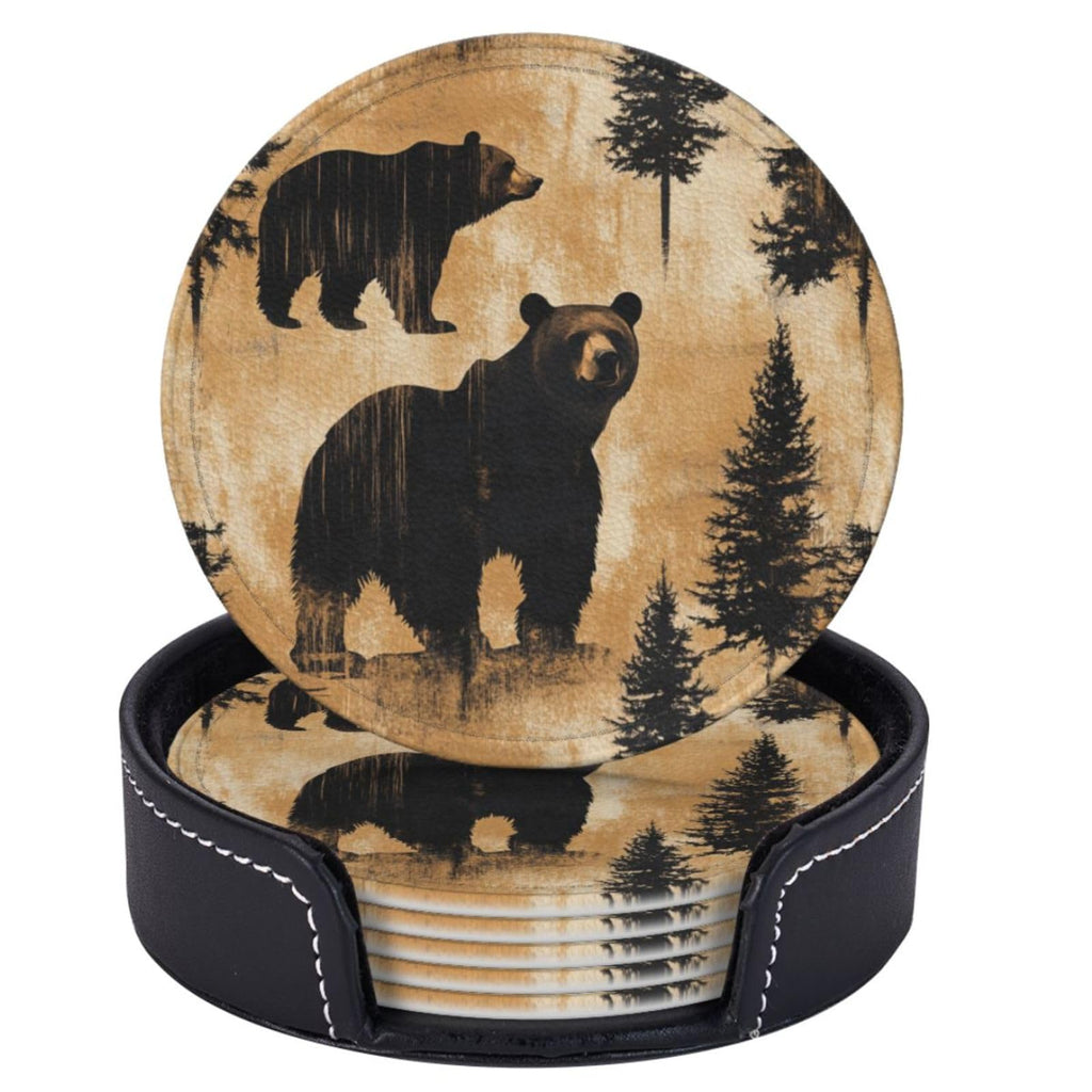 Black Leather Coasters with Holder P63248