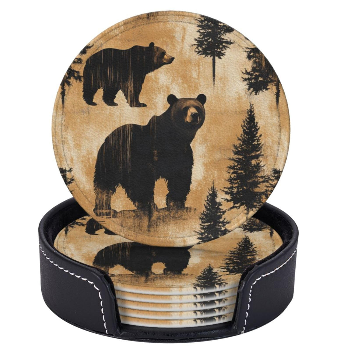 Black Leather Coasters with Holder P63248