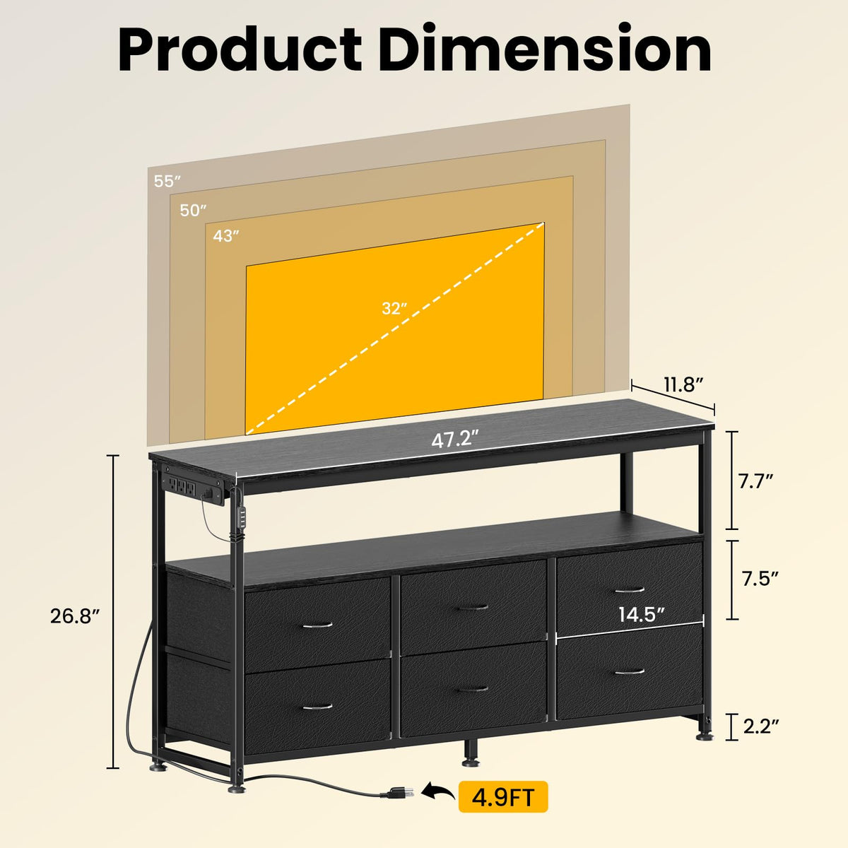 Black Dresser TV Stand with 6 Fabric Drawers S7115